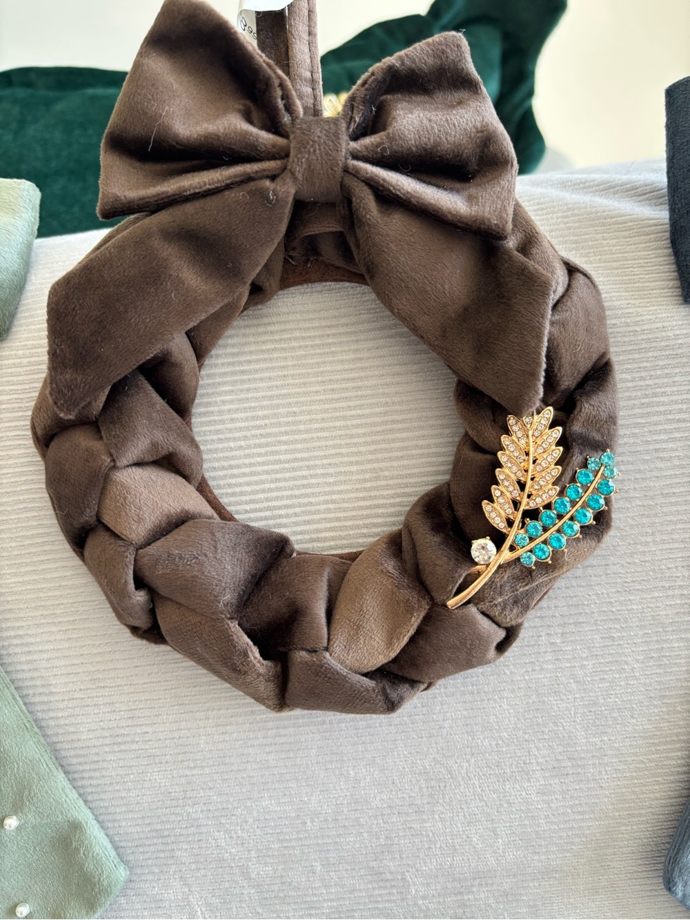 Brown Velvet Braided Wreath with Gold & Teal Leaf Brooch